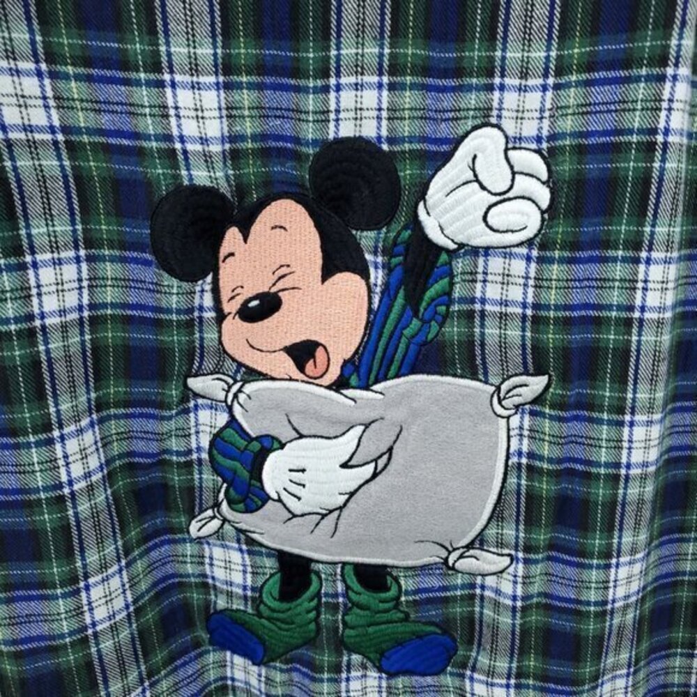 VTG 90s Disney 100% Cotton Flannel Plaid V-Neck Mickey Nightshirt OS Green/Blue - Picture 6 of 15
